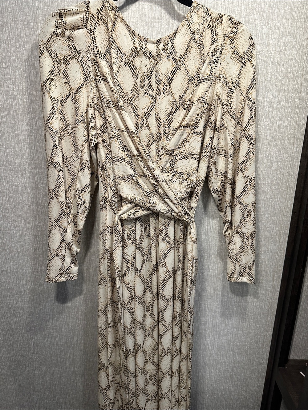 BCBGMaxAzria Snake-Print Long Sleeve Wrap Maxi Dress in Cream and Brown
